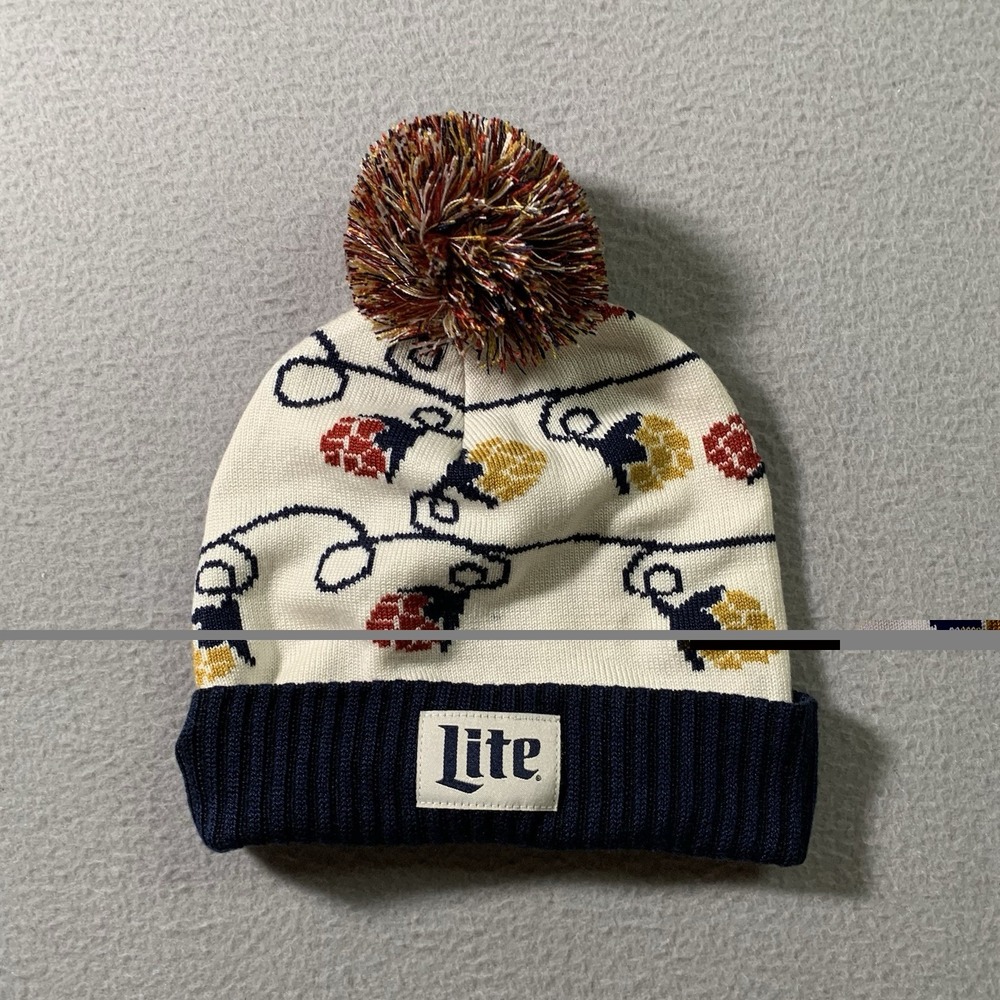 Miller Lite Winter Beanie Hat Toque Christmas Light Hops Pom Pom Acrylic